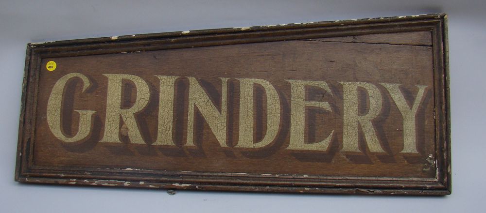 Appraisal: UNUSUAL PAINTED WOODEN SIGN Grindery in angled form with gold