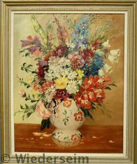 Appraisal: Oil on canvas still life of a vase of flowers