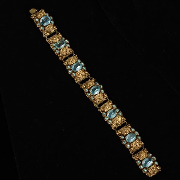 Appraisal: Czech Art Deco Gilt Filigree bracelet Aqua Crystal Faceted Jewels