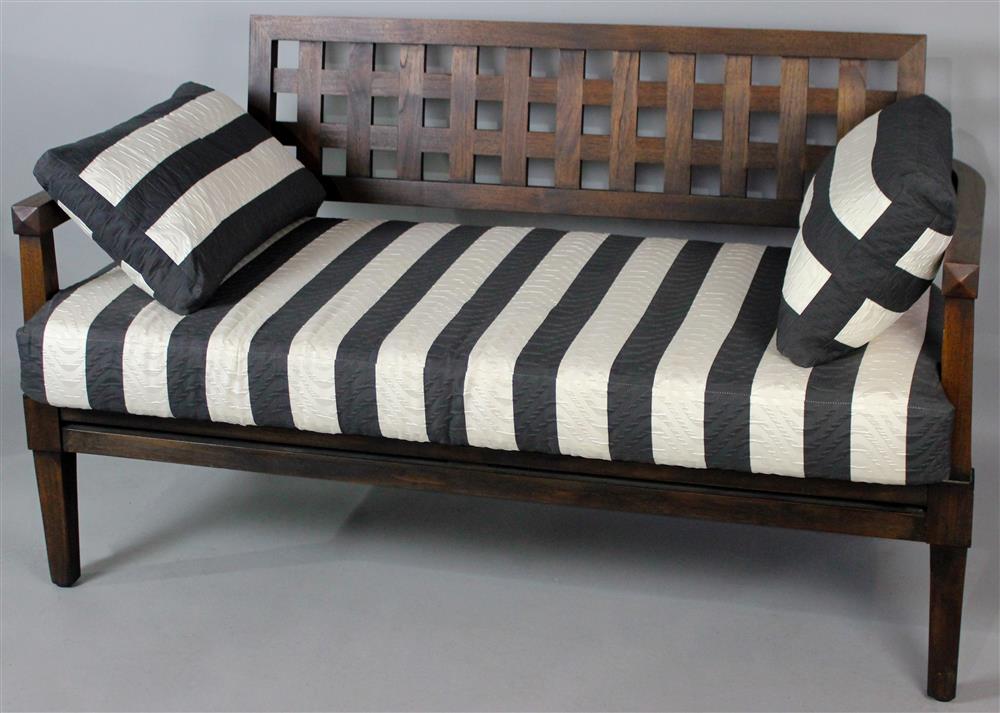 Appraisal: MCGUIRE MAHOGANY SETTEE WITH BLACK AND BEIGE STRIPED SILK REMOVABLE