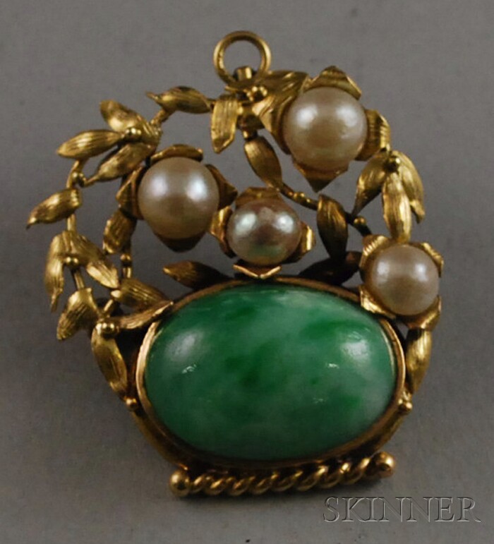 Appraisal: kt Gold Pearl and Cabochon Jade Pendant Brooch total dwt