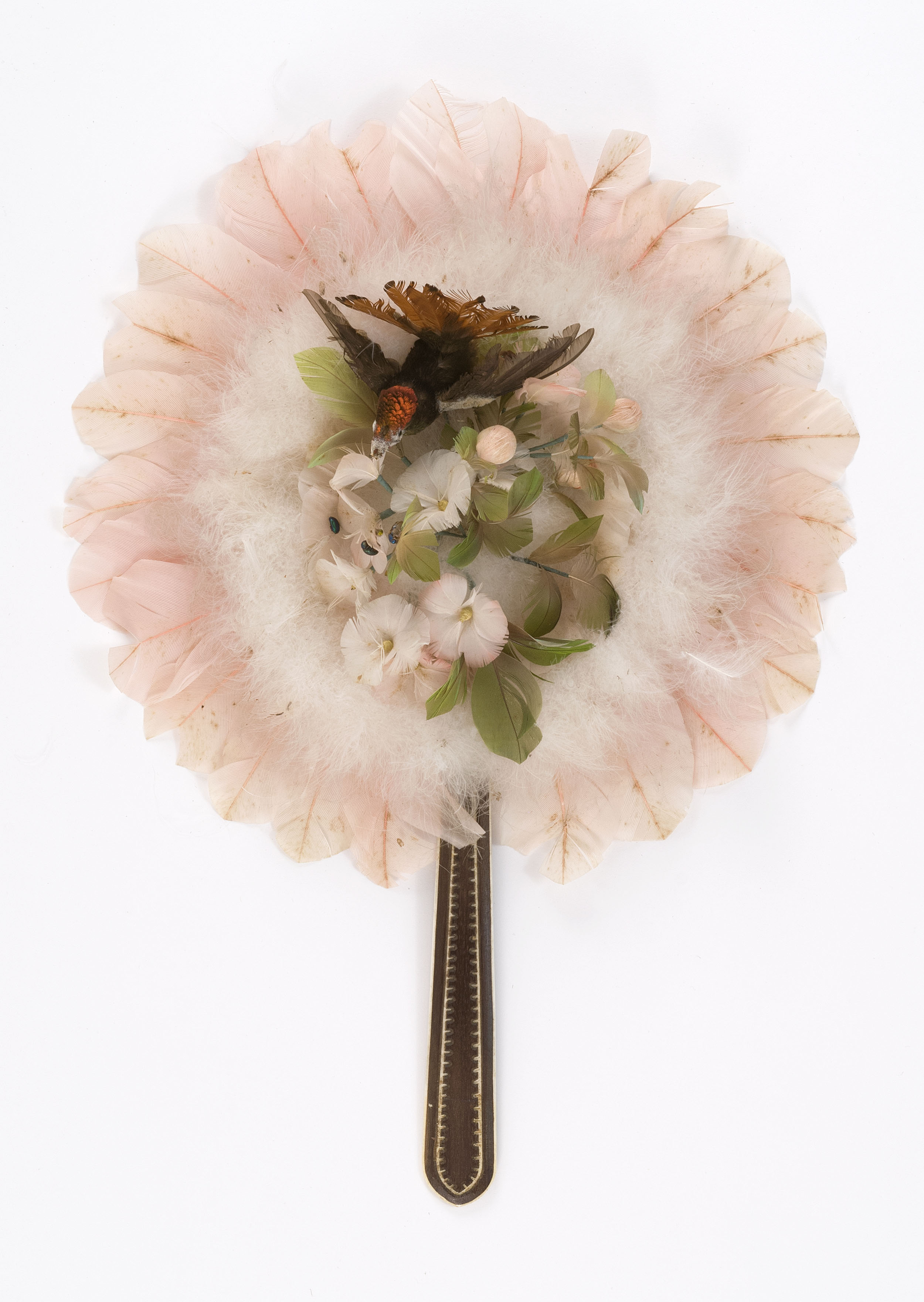 Appraisal: HUMMINGBIRD BEETLE AND FEATHER COCKADE FAN Brazil Late th CenturyPink