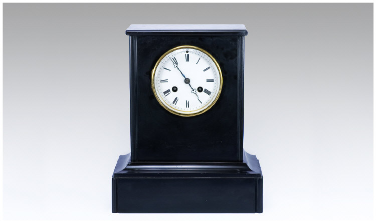 Appraisal: Victorian Black Slate Mantle Clock With Day Striking Movement Porcelain