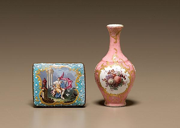 Appraisal: BATTERSEA ENAMEL BOX AND VASE English late th-early th century