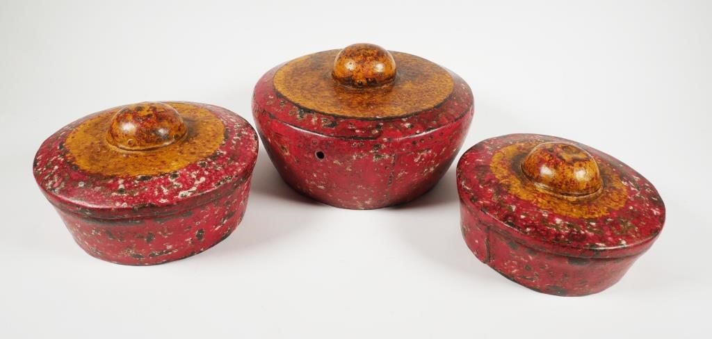 Appraisal: Three handpainted speckled red and yellow bonang gong musical instruments