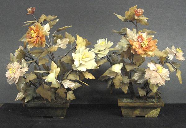 Appraisal: Two mixed hardstone jewel plants Depicting chrysanthemum flowers each in