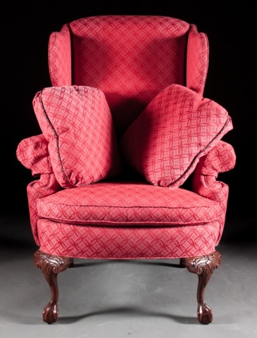 Appraisal: Chippendale style mahogany upholstered wing chair Hancock Moore ball and