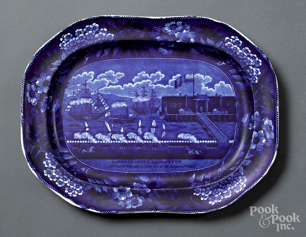 Appraisal: Historical Blue Staffordshire platter Historical Blue Staffordshire Landing of Lafayette