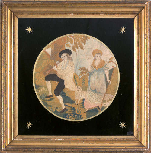 Appraisal: English silk and painted silk round needlework courting scene x