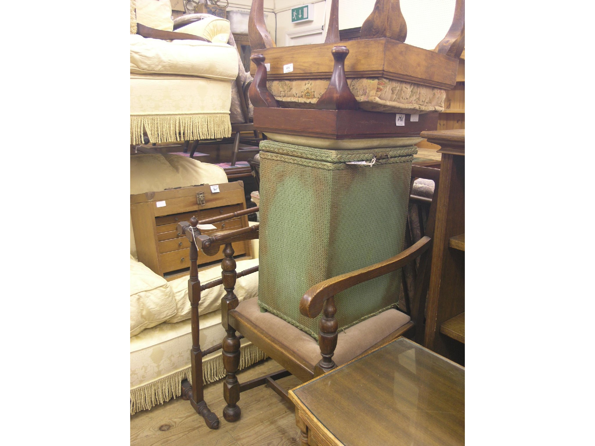 Appraisal: Two upholstered stools two dining chairs towel rail linen basket