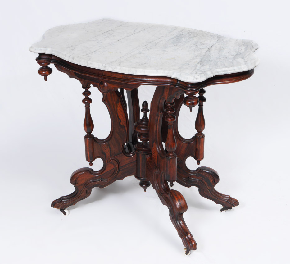 Appraisal: VICTORIAN ROSEWOOD MARBLE TOP TABLE White variegated marble top carved