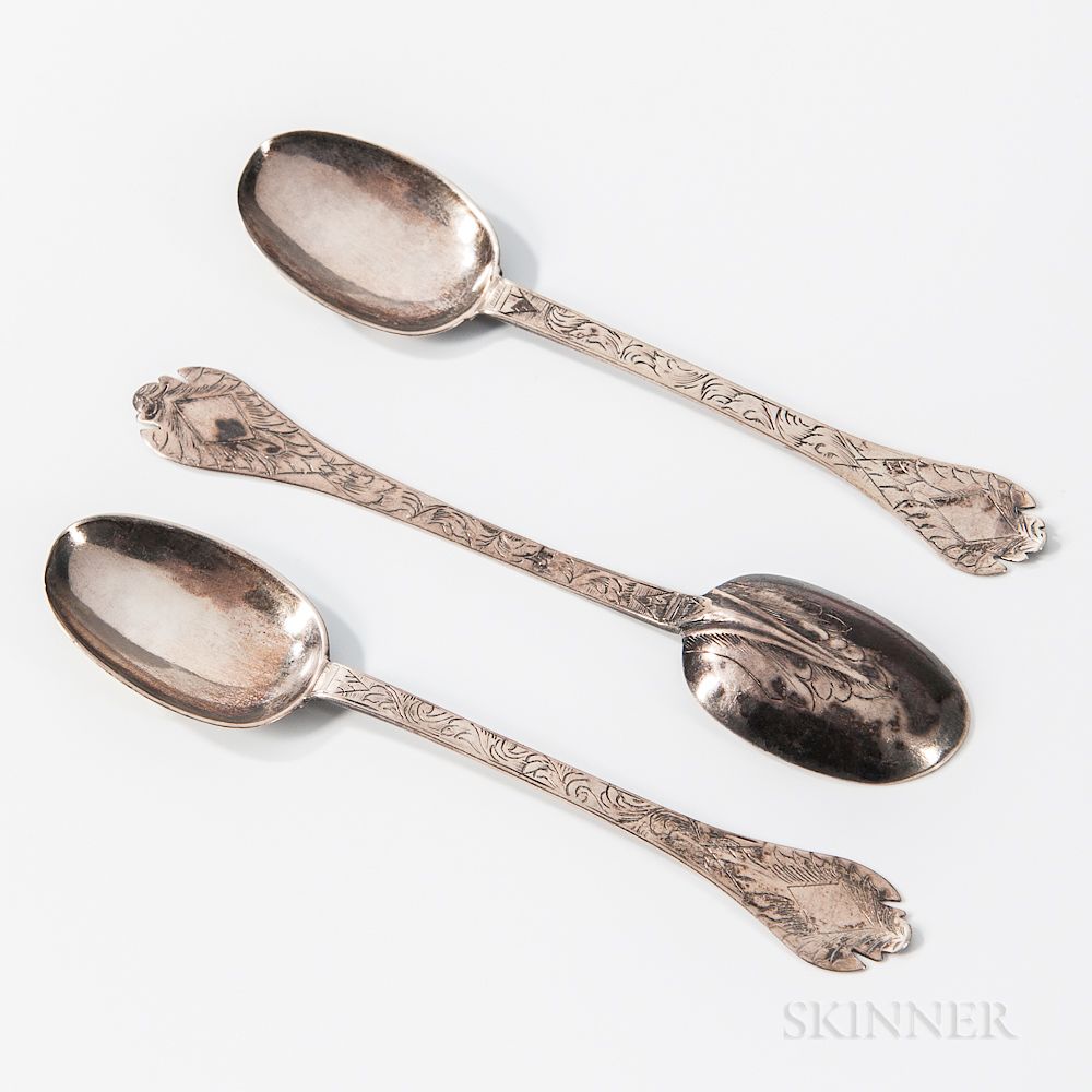 Appraisal: Three Early English Silver Trifid Teaspoons Three Early English Silver