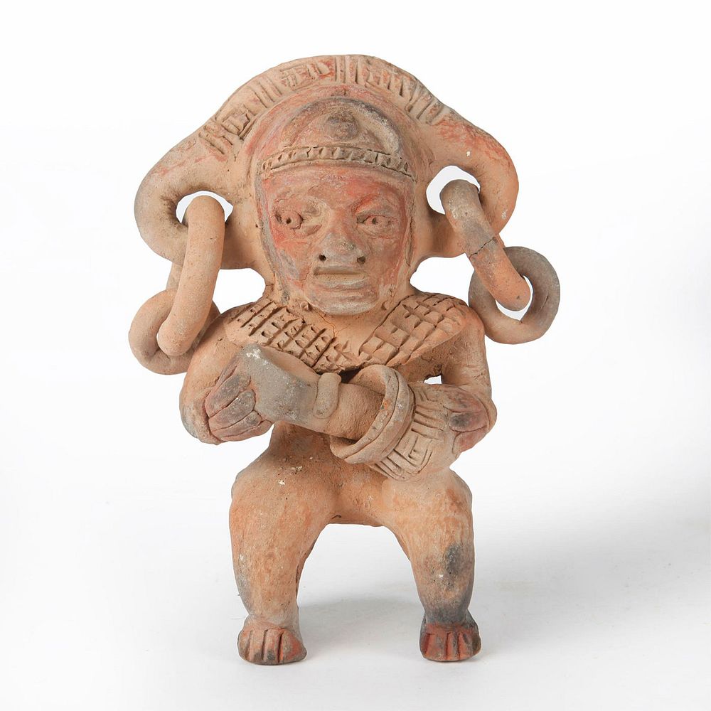 Appraisal: EARTHENWARE FIGURE HOLDING POTTERY Tribal figure holding vessel and tool