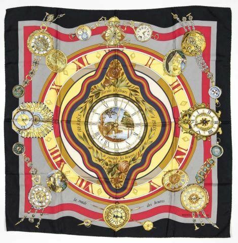 Appraisal: Hermes silk twill scarf La Ronde des Heures pattern original