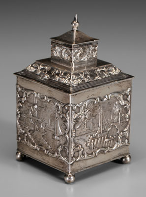 Appraisal: Continental silver tea caddy square with stepped lid harbor scenes