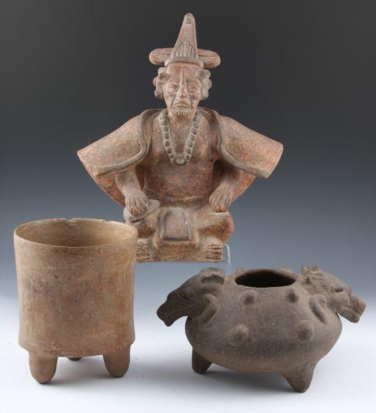 Appraisal: Three Pre-Columbian Style Ceramics the first a caped god or