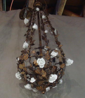 Appraisal: Patinated Metal Chandelier with White Glass Flowers