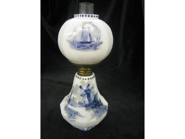 Appraisal: Victorian Miniature Oil Lamp Delft handpainted windmill landscape on milk