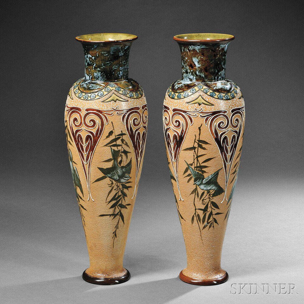 Appraisal: Pair of Doulton Lambeth Florence Barlow Decorated Stoneware Vases England