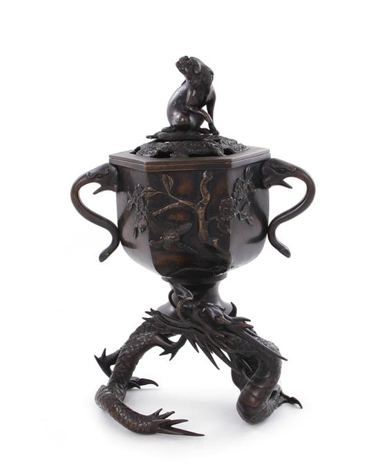 Appraisal: Japanese bronze censer Meiji period dragon and bird decorated H