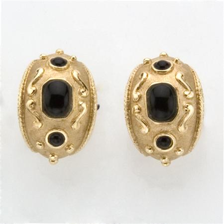 Appraisal: Pair of Gold and Black Onyx Half-Hoop Earclips Estimate -