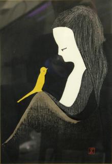 Appraisal: Kauro Kawano Japanese Depicting a young girl with yellow bird