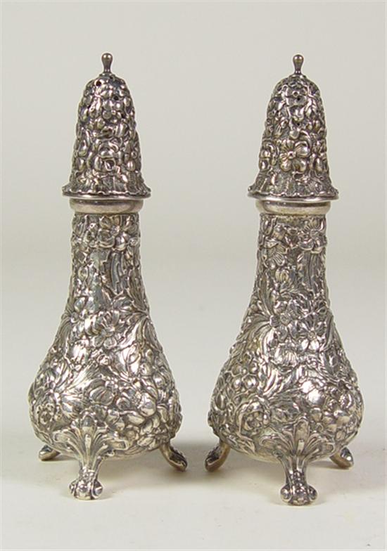 Appraisal: Sterling Salt Pepper Shakers th Century Three small scroll feet