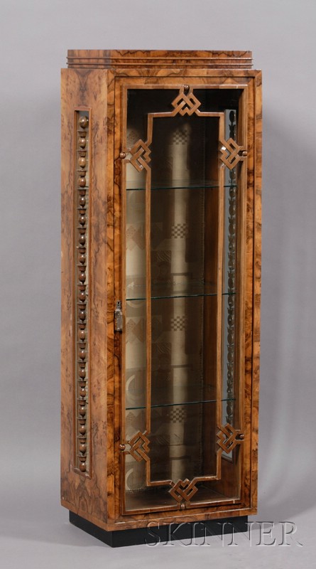 Appraisal: Art Deco Walnut Vitrine Cabinet c stepped top above a