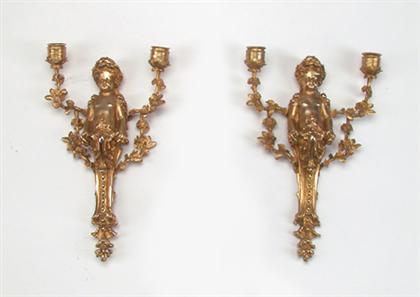 Appraisal: Pair of Louis XV gilt bronze wall sconces Each in