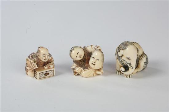 Appraisal: THREE IVORY CARVINGS Japanese th century Small figure of a