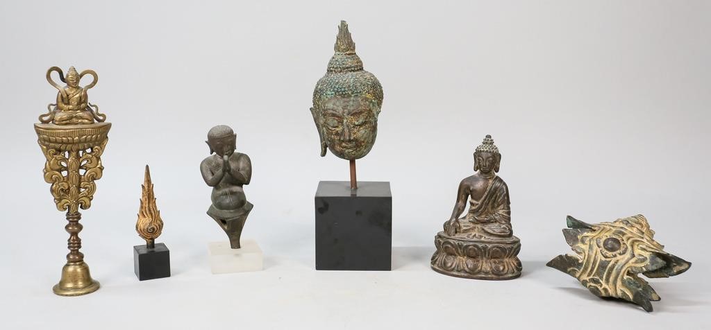 Appraisal: Grouping of Buddhist sculptures Thai patinated bronze Buddha head on