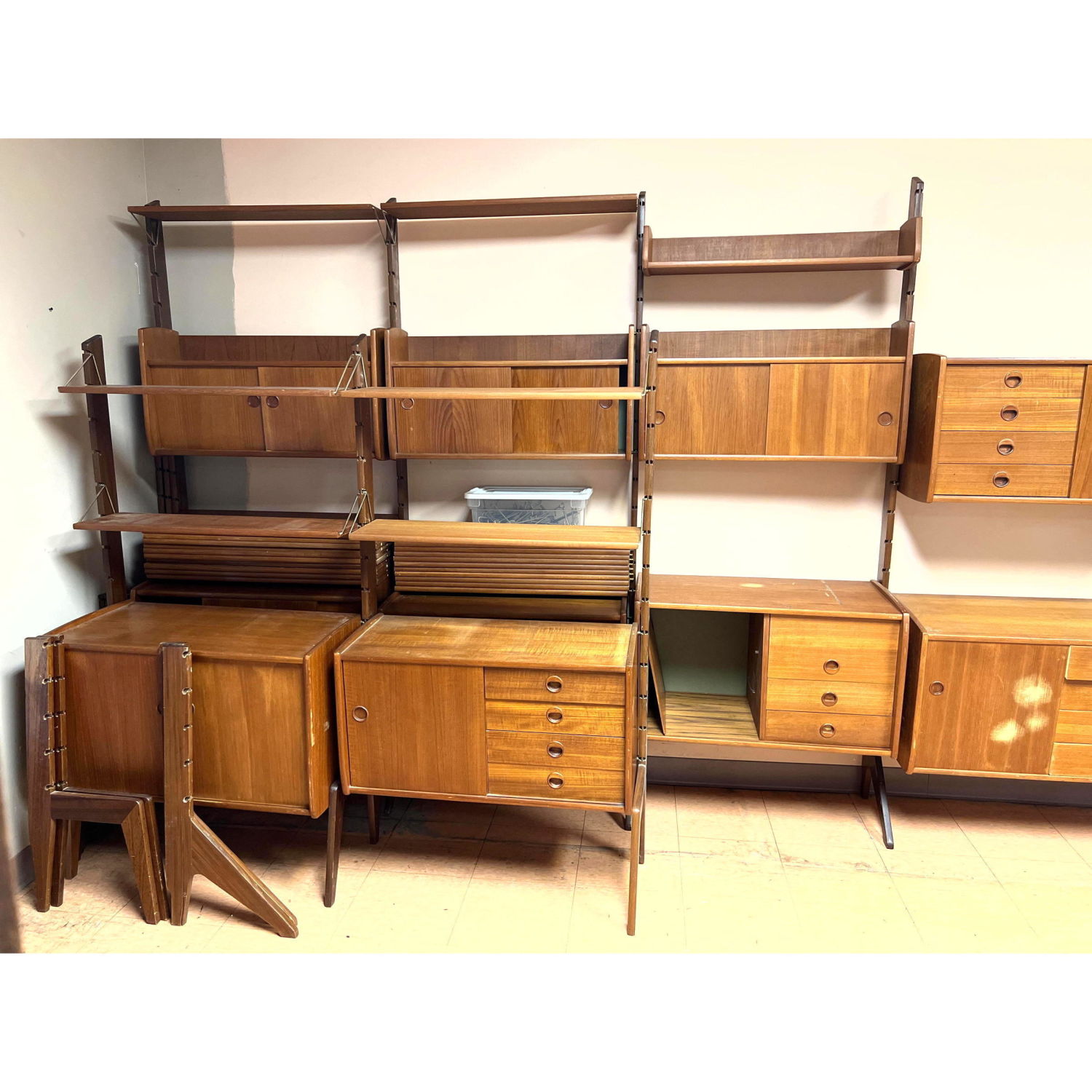 Appraisal: Large Free Standing Danish Modern Design Wall Unit Includes Cabinets