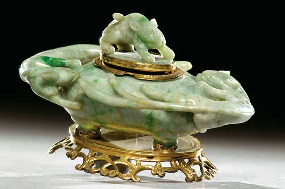 Appraisal: ANTIQUE JADEITE MOUNTED INKWELL Antique Chinese jadeite with apple-green suffusions