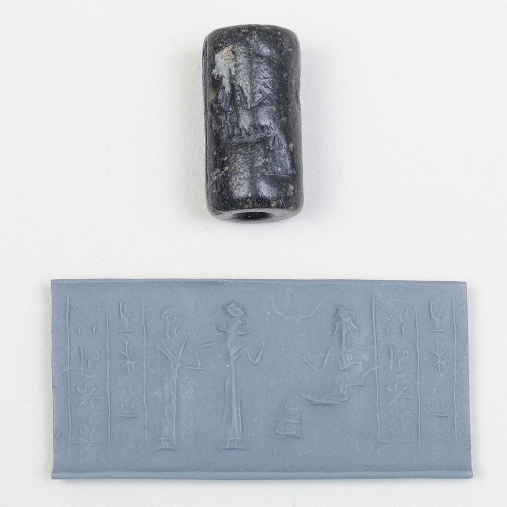 Appraisal: Neo-Sumerian Black Serpentine Cylinder Seal with Presentation Scene Ur III