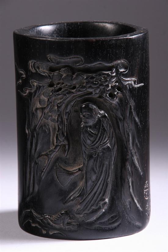 Appraisal: CHINESE ZITAN BRUSH HOLDER Carved to depict immortal under pine