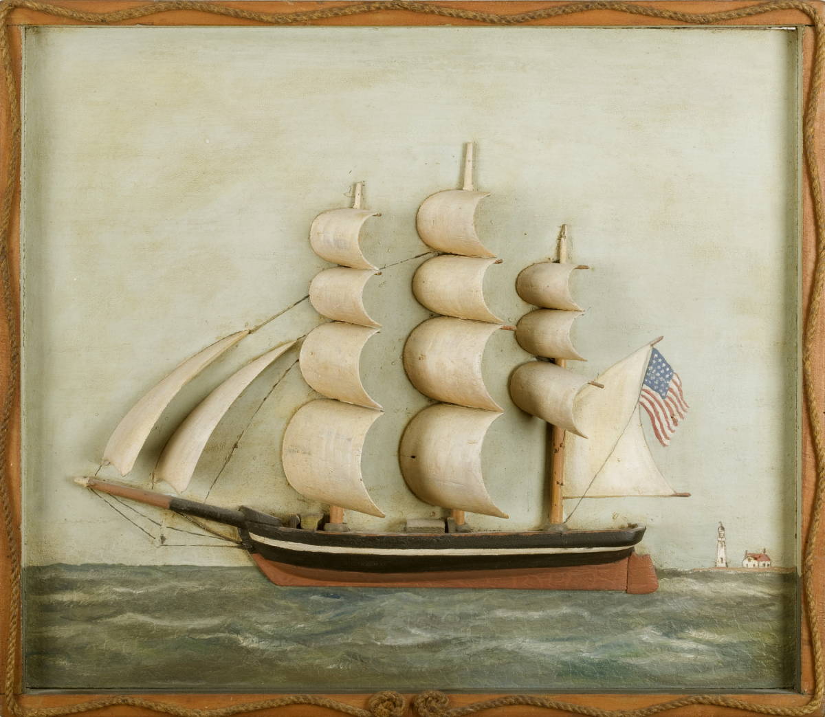 Appraisal: CARVED AND PAINTED HALF-MODEL OF AN AMERICAN SHIP PASSING A