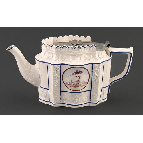 Appraisal: An English feldspathic stoneware teapot c enamelled to either side