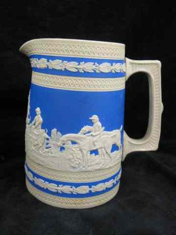 Appraisal: Copeland-Spode Jasperware Pitcher fox hunt scene '' blue ivory excellent