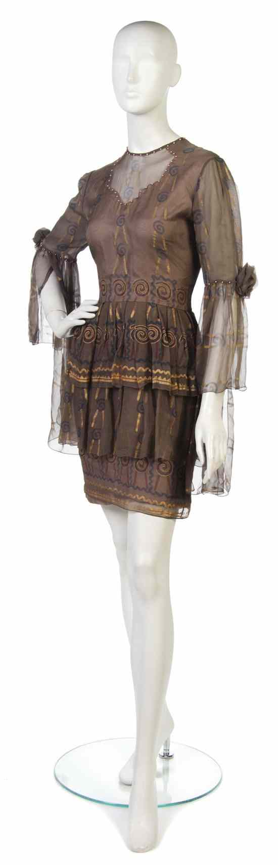 Appraisal: A Zandra Rhodes Brown Silk Chiffon Dress Labeled Zandra Rhodes