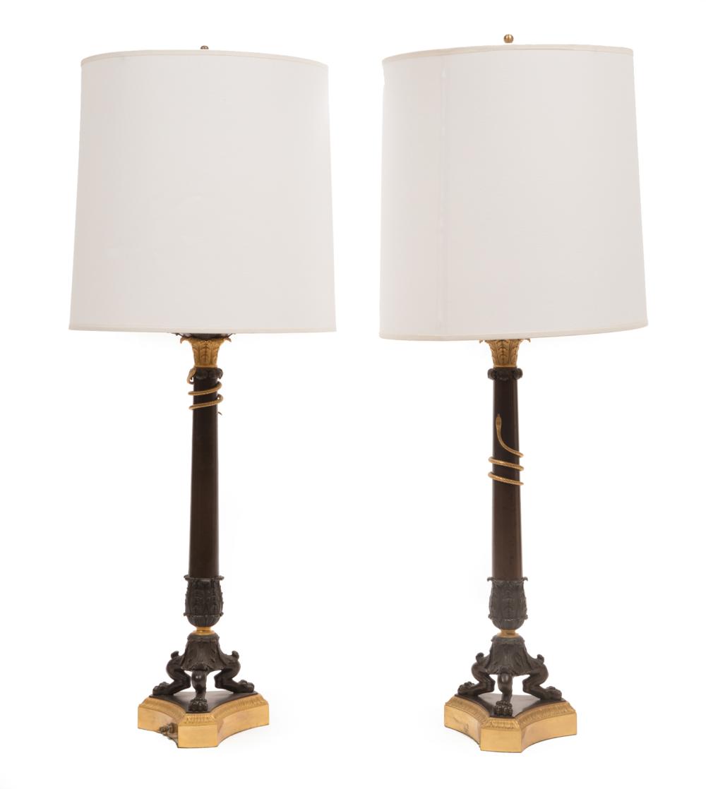 Appraisal: Pair of Empire-Style Patinated and Gilt Bronze Three-Light Candelabra Lamps