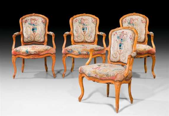 Appraisal: SET OF TAPESTRY FAUTEUILS EN CABRIOLET Louis XV style the