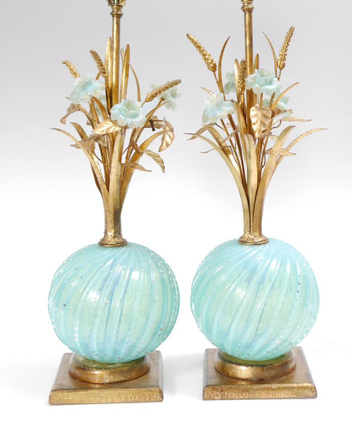 Appraisal: PAIR LIGHT BLUE GLASS BODY VENETIAN LAMPS Sky blue body