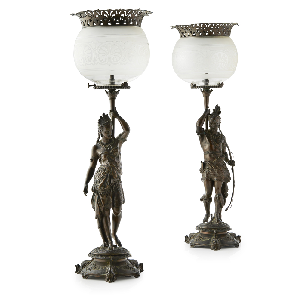 Appraisal: PAIR OF VICTORIAN PATINATED BRONZE FIGURAL GAS LAMPS BY R