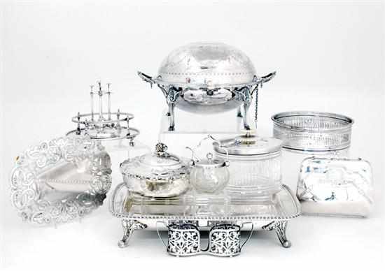 Appraisal: Collection silverplate table wares and objects English revolving breakfast tureen