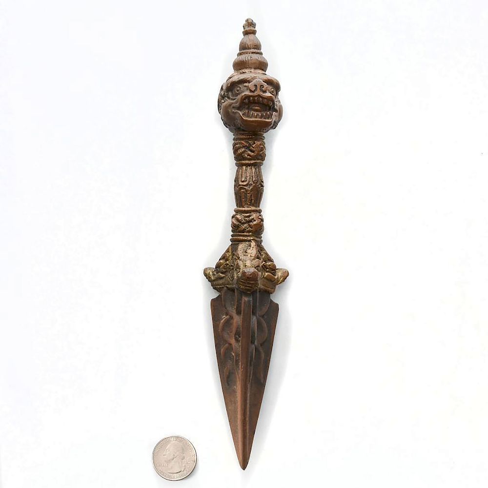 Appraisal: BUDDHIST PHURBA DAGGER POSSIBLY TIBETAN sided pointed iron blade below