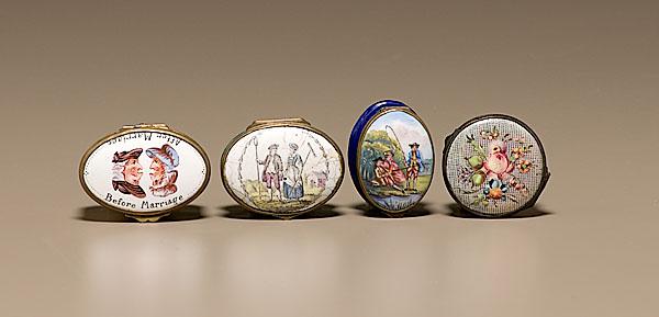 Appraisal: BATTERSEA ENAMEL SNUFF OR PATCH BOXES English and Continental early