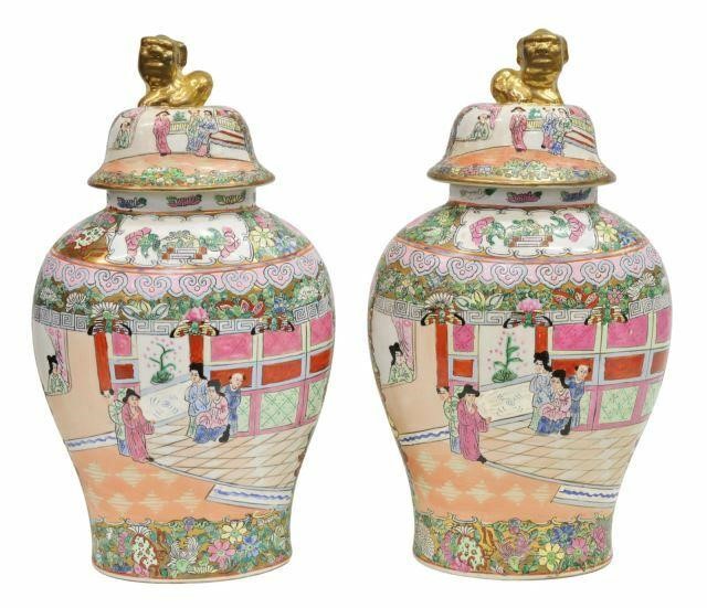 Appraisal: pair Chinese rose medallion porcelain temple jars parcel gilt foo