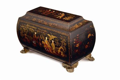 Appraisal: An early Victorian japanned tea caddy of rectangular bombe form