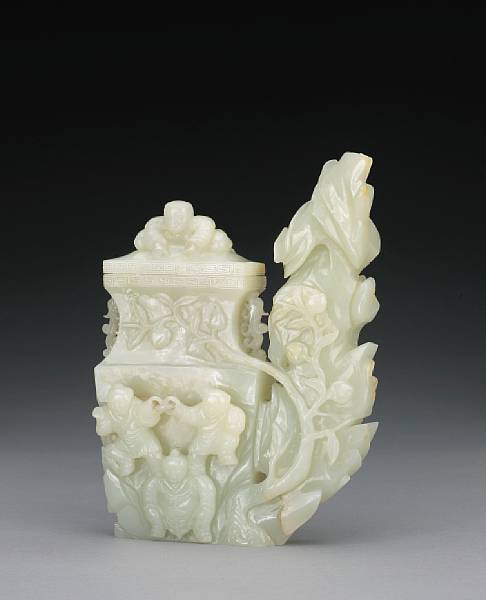 Appraisal: An unusual white jade covered vase with children and garden