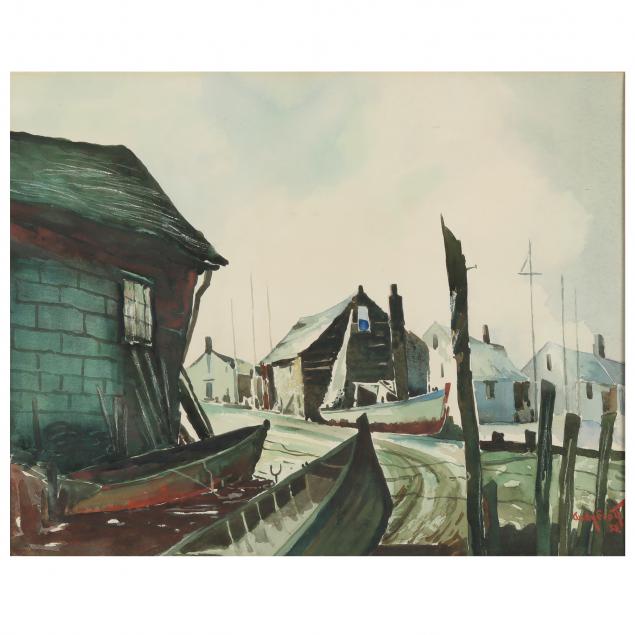 Appraisal: A MID-CENTURY NEW ENGLAND HARBOR SCENE SIGNED Watercolor on paper